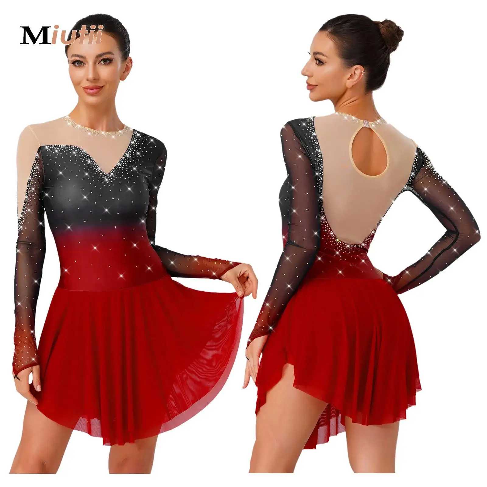 

Womens Ballet Lyrical Dance Tutu Dress Gymnastics Leotard Figure Skating Long Sleeve Shiny Rhinestone Sheer Mesh Dress Dancewear