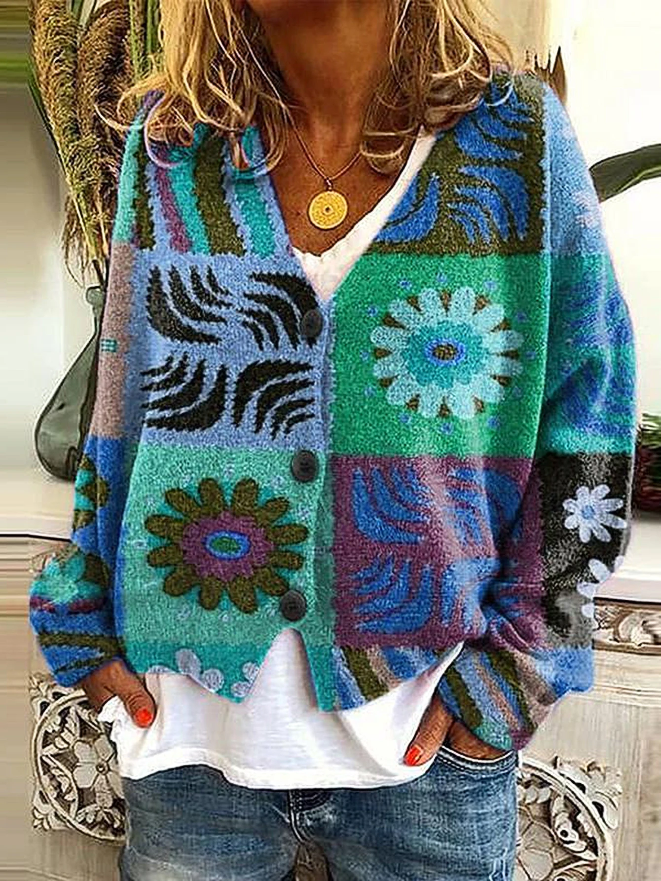 

UNIKTEE Women's Checked Geometric Cardigan V-Neck Long Sleeve Autumn Winter Casual Fashion Single Breasted Top for Women