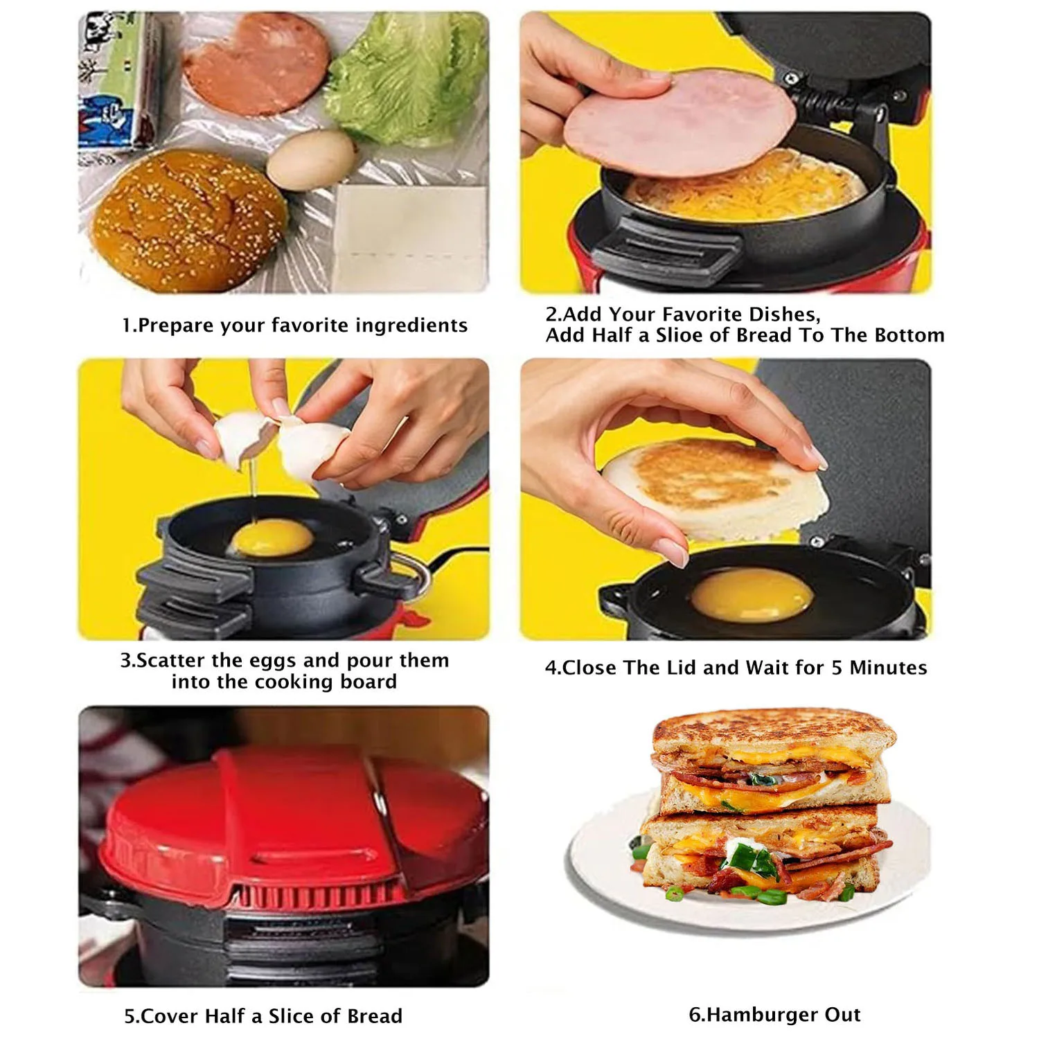 Burger Maker Machine Multifunctional Household Kitchen Breakfast Machine Non-stick Small Electric Bread Hamburger Baking Maker