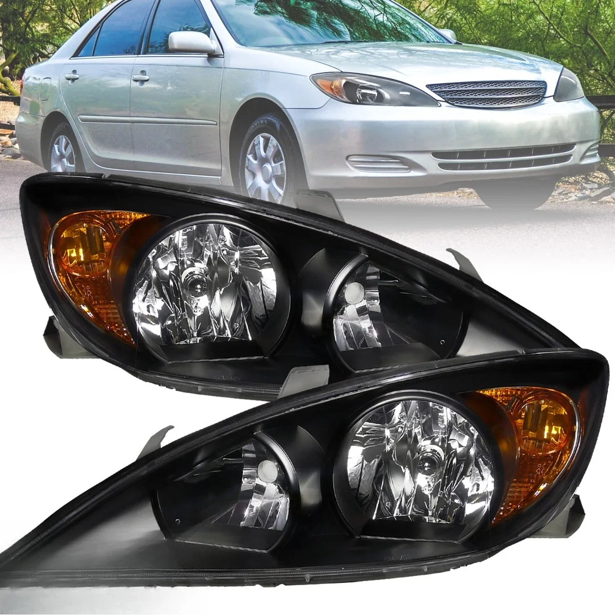 

Fits 2002-2004 Toyota Camry Black Headlights Head Lamps Pair Left+Right 02 03 04