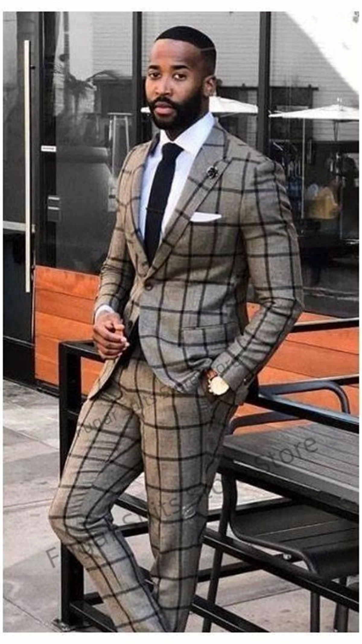 Classic Dark Grey Plaid Wedding Suits For Men Slim Fit Peak Lapel Groom Tuxedos 2 Pieces Sets Business Male Blazer Costume Homme