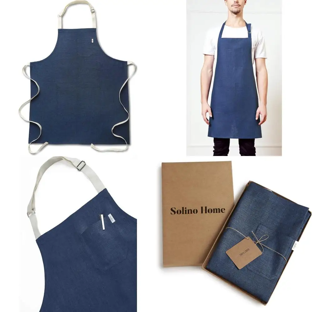 

Pure Linen Indigo & Ivory Kitchen Apron with Pockets, Handcrafted for Men and Women - 100% Natural Linen Bib Apron for Cooking E