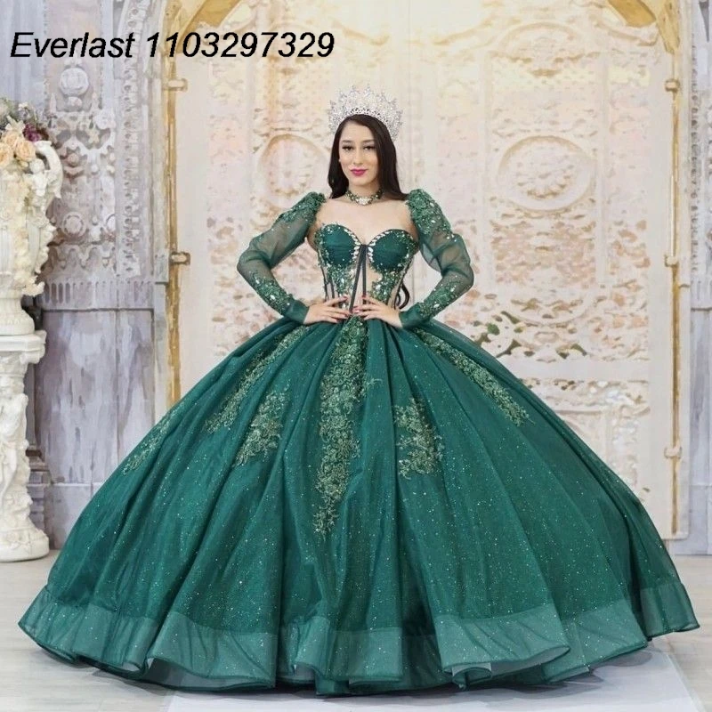 

EVLAST Luxury Emerald Green Quinceanera Dress Ball Gown Long Sleeve Lace Applique Beading Sweet 16 Vestidos De XV 15 Anos TQD673