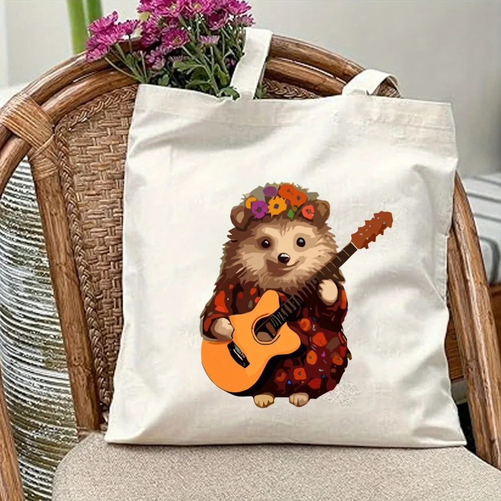 1pc, Upgraded Body Bag Retro Era Tote Bag, Guitar Hedgehog Printed Handbag Large Capacity Trendy Easy Style Durable Bags for Out