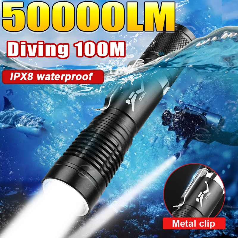 

50000LM Super Diving светодиодный фонарик портативный перезаряжаемый фонарик для дайвинга IPX8 водонепроницаемый профессиональный фонарь для охоты и рыбалки