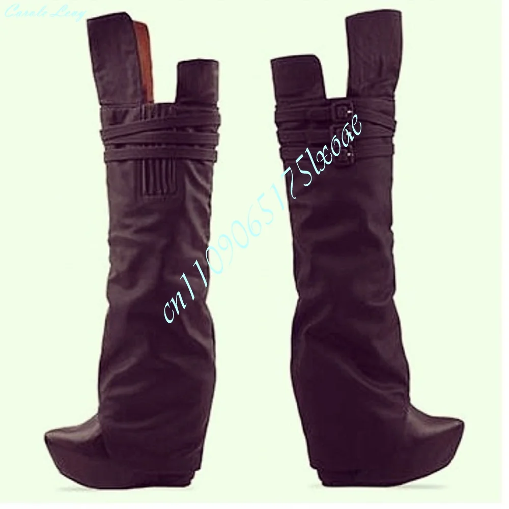 Black Gothic Slouch Knee High Boots for Women Multi Wrap Strap Buckle Decor Pointed Toe Platform Wedge Heel Tall Sexy Boots