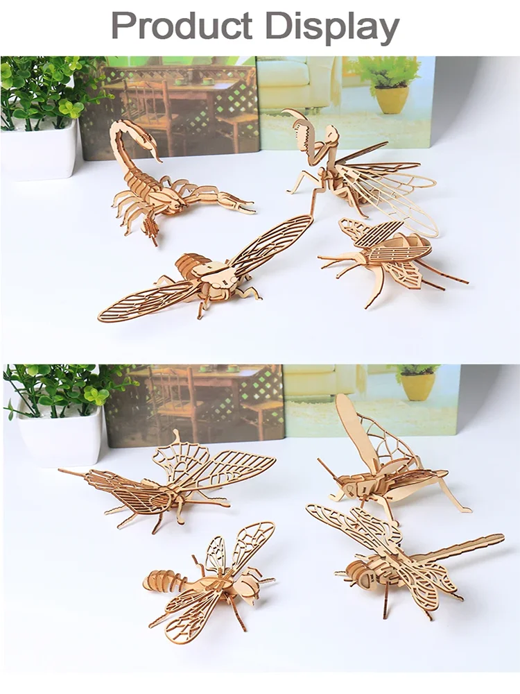 Puzzle 3D en bois, bricolage d'insectes, animaux, papillon, abeille, jouets pour adultes, ornement artisanal, scorpion 14 +