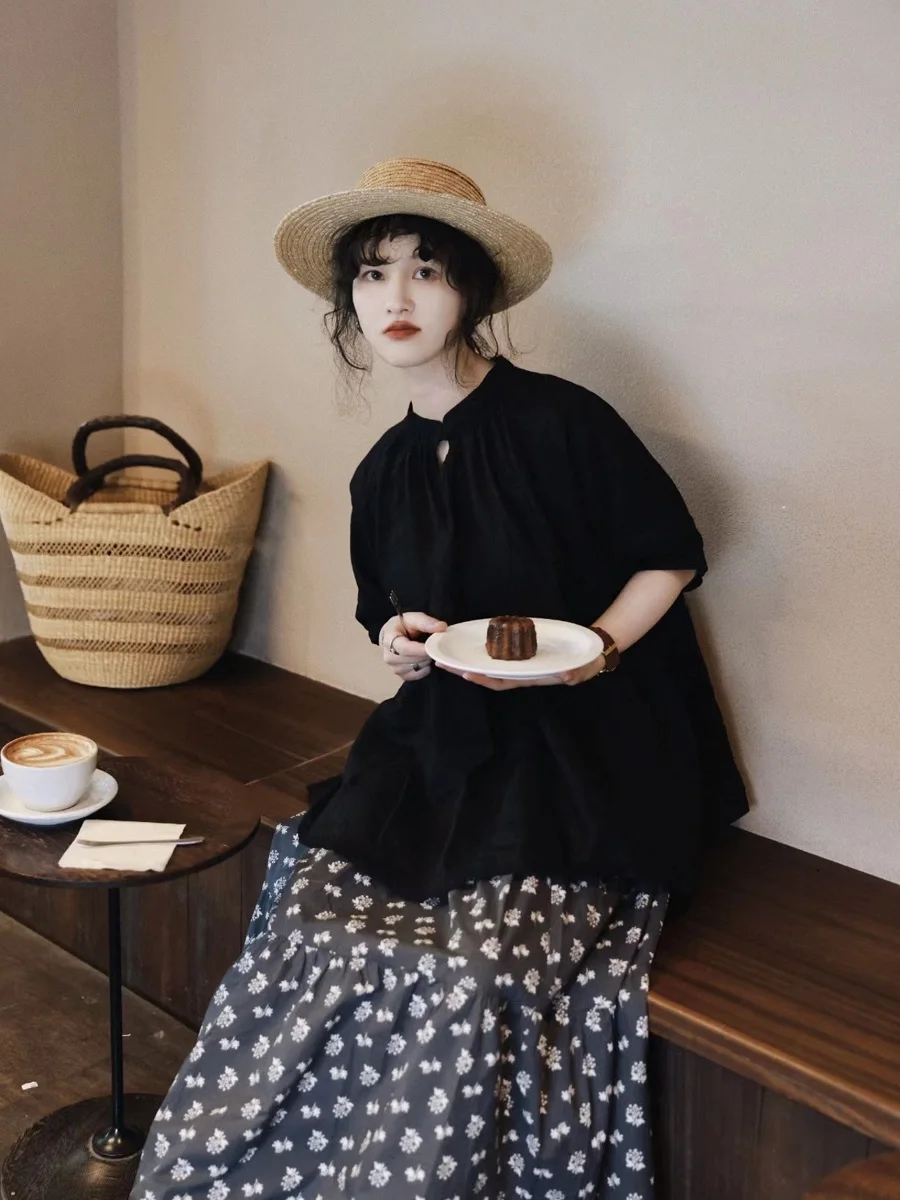 

Retro Doll Shirt Women's Cotton Linen Puffy Sweet Cute Blouse Japanese Style round Neck Long Sleeve Pure Color Artistic Top
