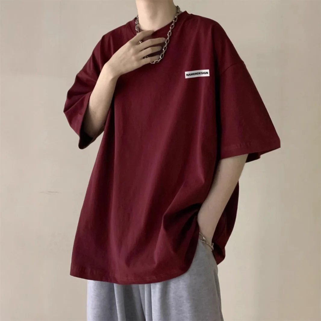 

Men's summer design niche trend versatile shirt short sleeve American heavy crew neck solid color print T-shirt short sleeve