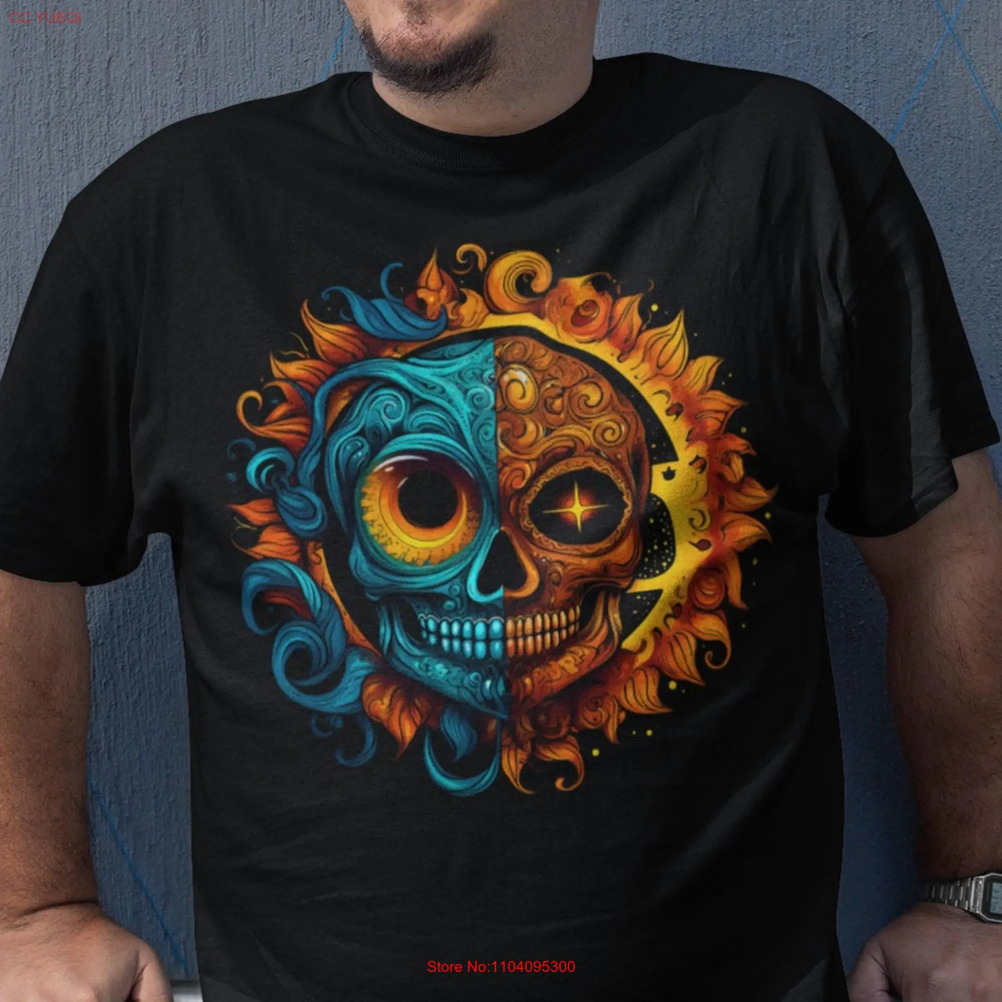 Sun and moon art mexican T Shirt sugar skull print mexico shirts day of the dead men ropa mexicana artesanias mexicanas