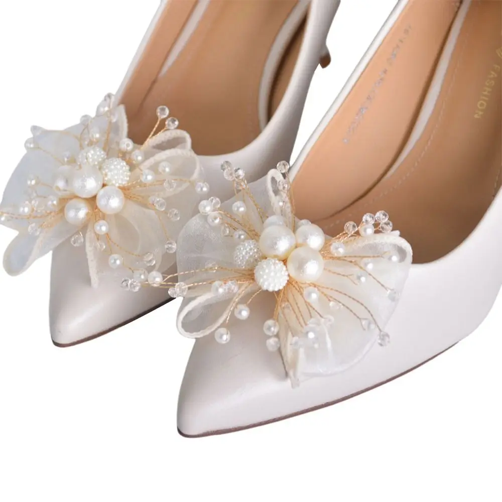 2PC Double Layered Bow Pearl Shoe Clip Removable French style Bag Clip Decorative Elegant Shoe Charms Buckle High Heel
