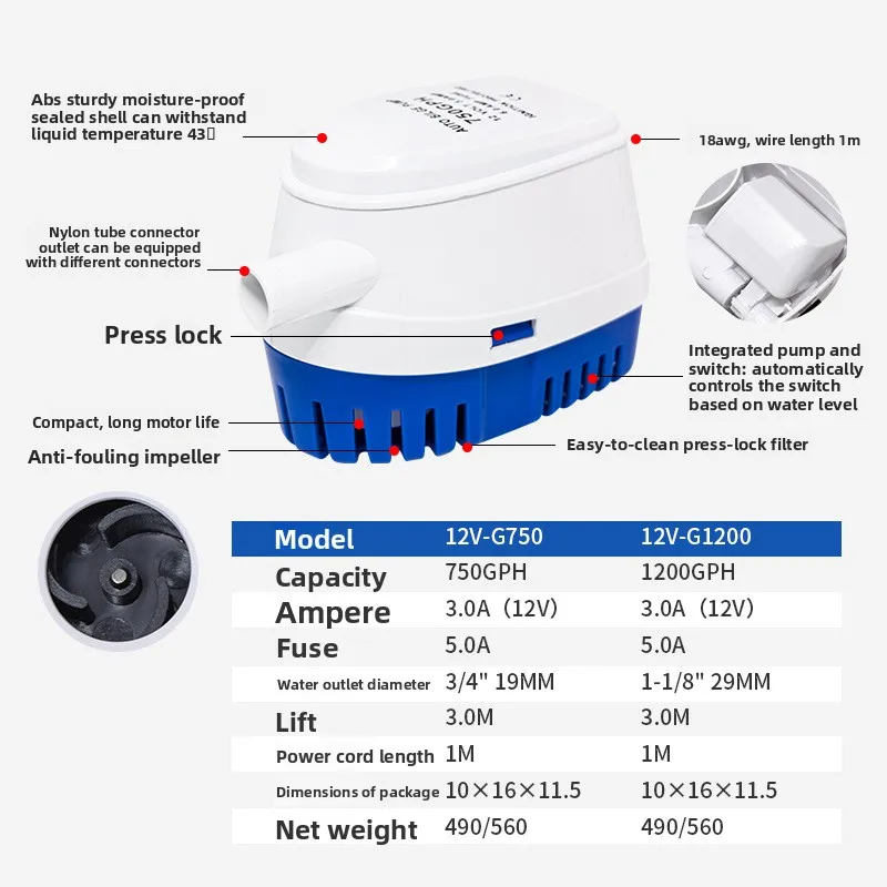 Marine Automatic Submersible Bilge Drainage Pump, Battery Operated Small Water Pump Suitable for Yacht, Speedboat and RV Use
