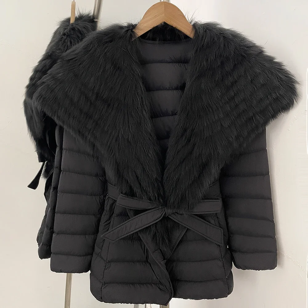 OFTBUY Daunenjacke mit echtem Fuchsfellkragen, leichte, gesteppte Damenjacke, kurze Daunenjacke mit Gürtel, neuer Winter-Puffermantel für Damen – Detail 10