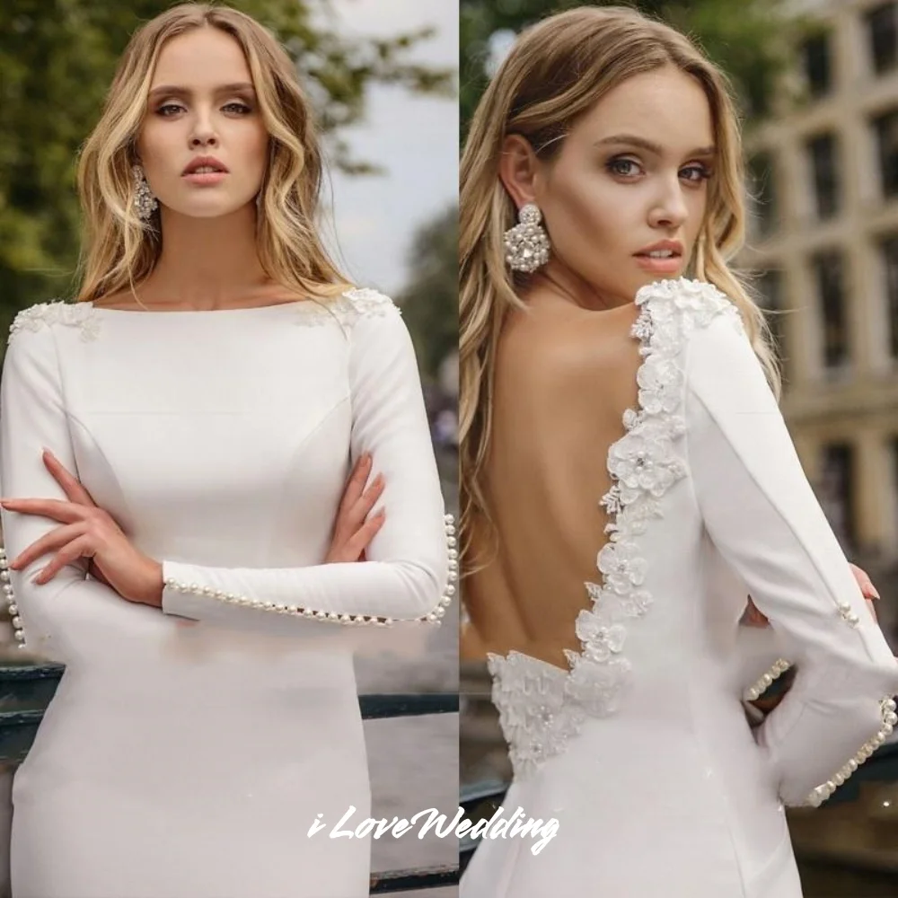 Abito da sposa bianco con o-collo 2025 Manica lunga senza schienale Perla Fiore Sirena Abiti da sposa arabi Trailing musulmano Pieghettato Personalizzato