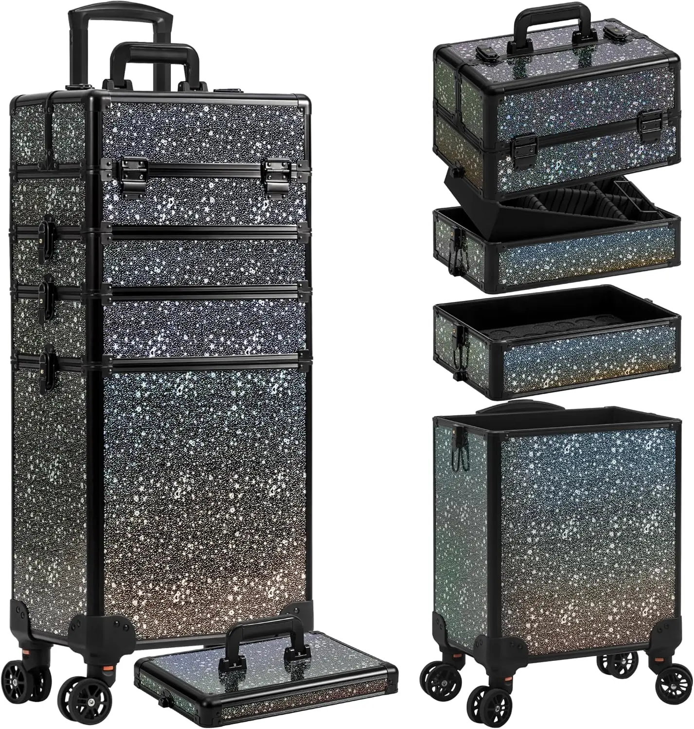 Rolling Makeup Train Case 5 in 1 Cosmetic Organizer on Wheels Large Travel Cart for Hairstylist Artist Nail Salon Barber Black