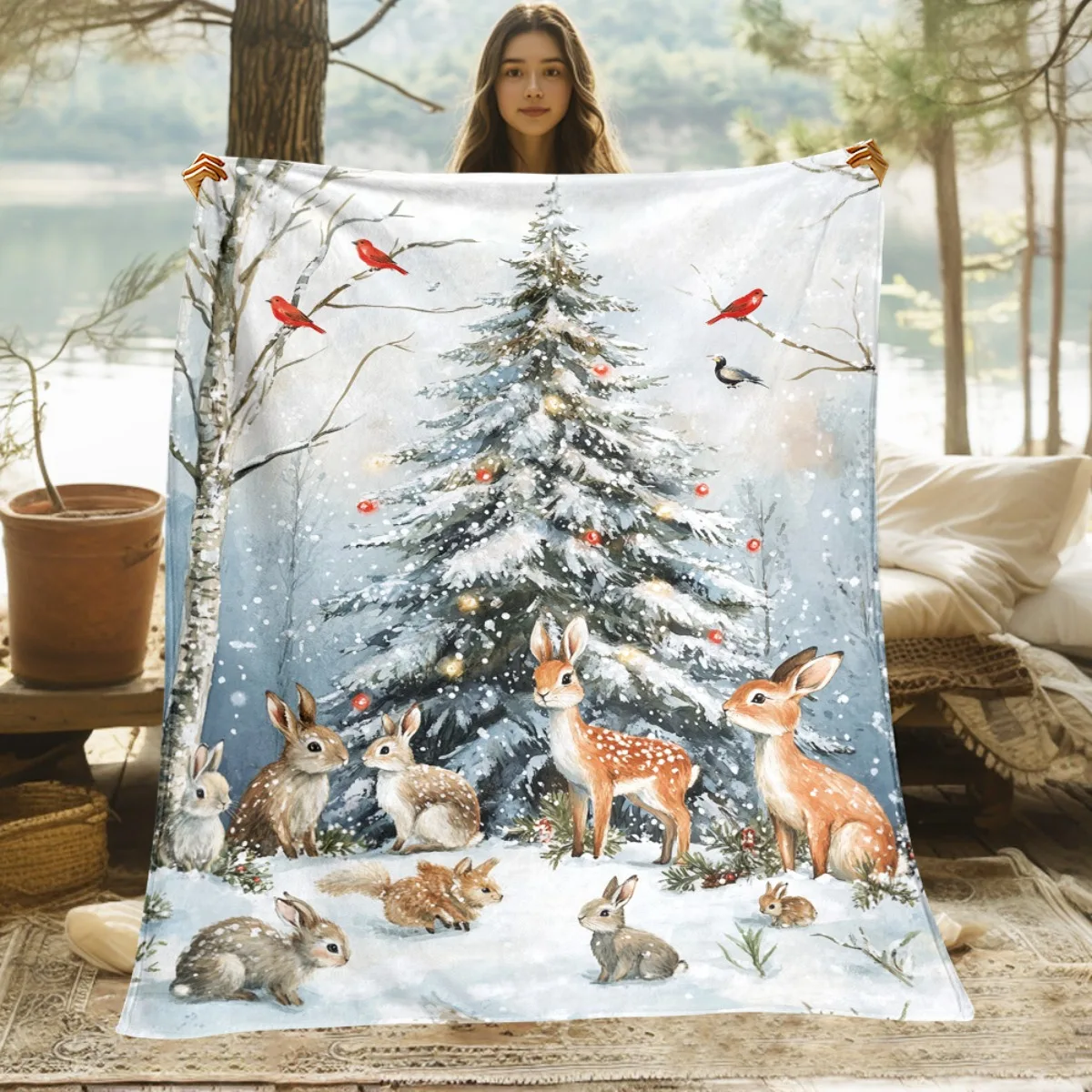 1pc Deer And Rabbits By Christmas Tree Printed Outdoor Blanket - Lightweight Flannel Used for Camping, Picnic, Hiking, Tourism,