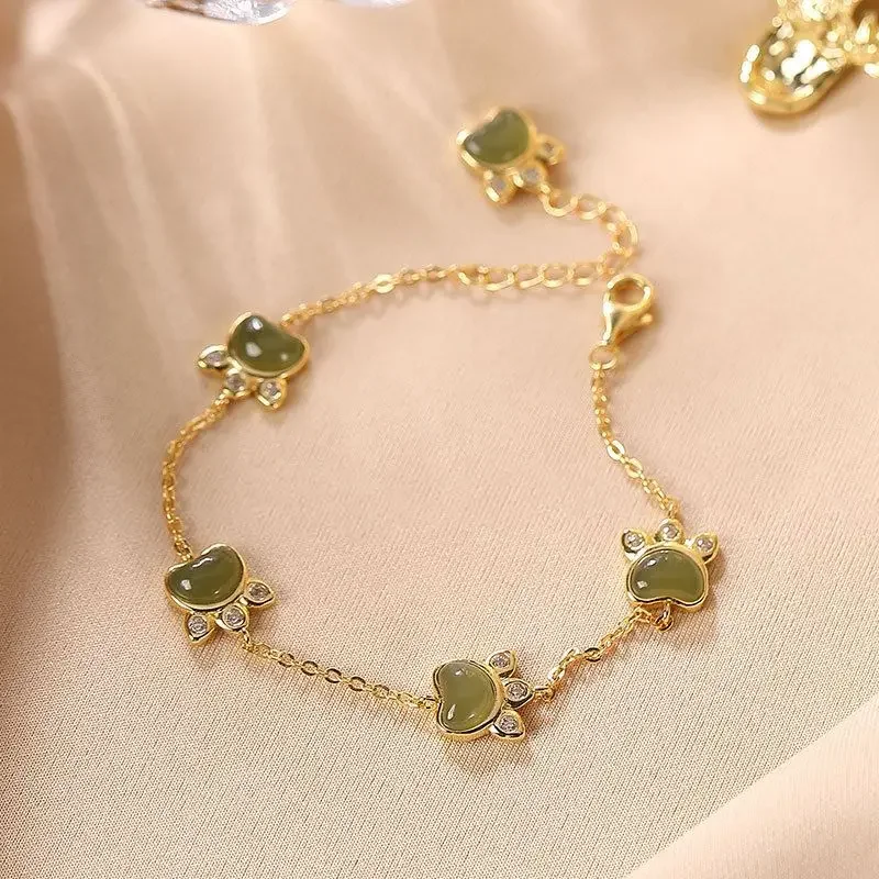 

Original cute cat paw charm bracelet for women inlaid natural Hotan Jade green bangles creative sweet and exquisite jewelry