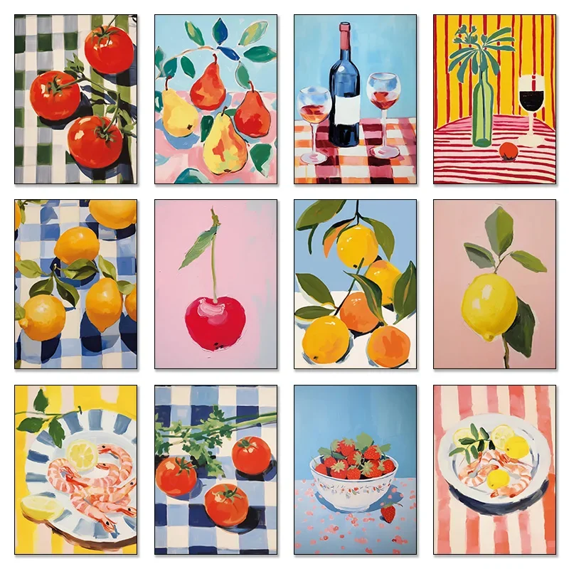 سوق الفاكهة عنبية الكرز العنب الليمون البابايا الكمثرى الخوخ المشارك طباعة صور فنية للجدران قماش اللوحة غرفة ديكور المنزل هدية