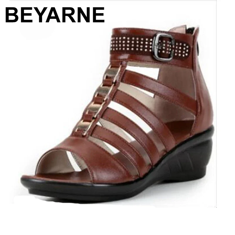 BEYARNE Brand Sandals Casual Shoes Summer Women Sandals Plus Size Open Toe Rhinestone Real Leather Shoes Woman Fashion Sandals
