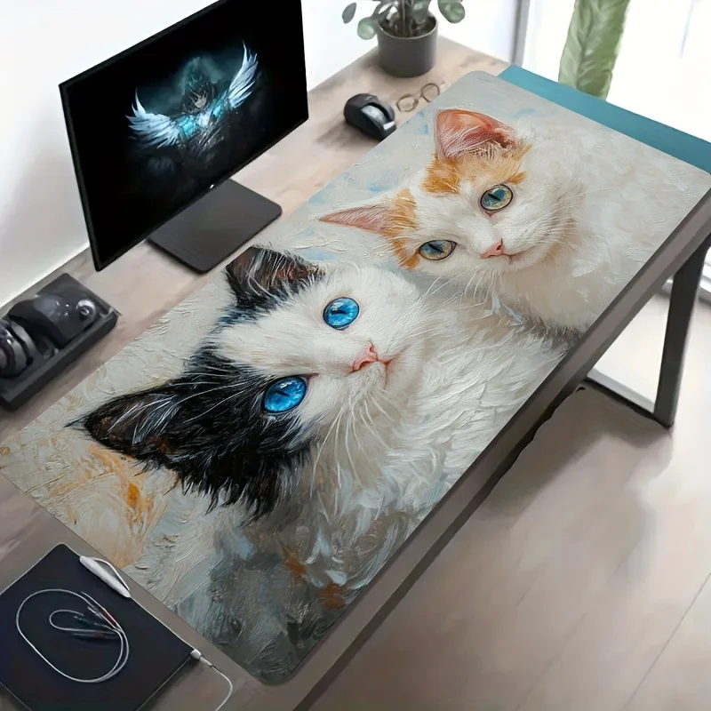 Large Oil Painting Two Colorful Eye Kittens Art Gaming Mouse Pad Non-Slip Washable Rubber Desk Mat Office Decor Gift for Gamers