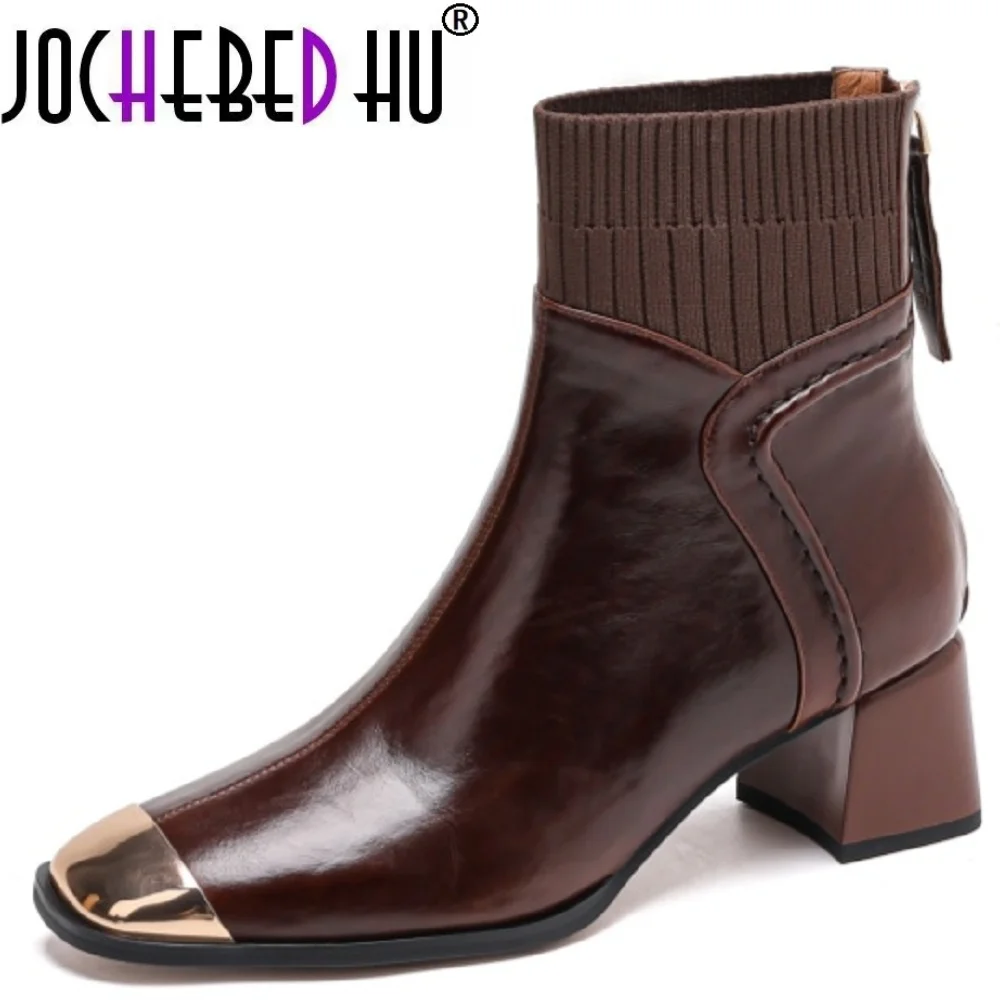 

【JOCHEBED HU】Handmade Genuine leather metal square head stitching textile rear zipper comfortable thick heel versatile 34-40