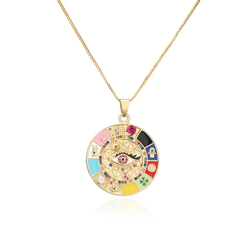 Hip-hop Round Colorful Enamel Zirconia Gold-plated Peace Dove Compass Lucky Evil Eye Pendant Necklace For Women Men Jewelry Gift