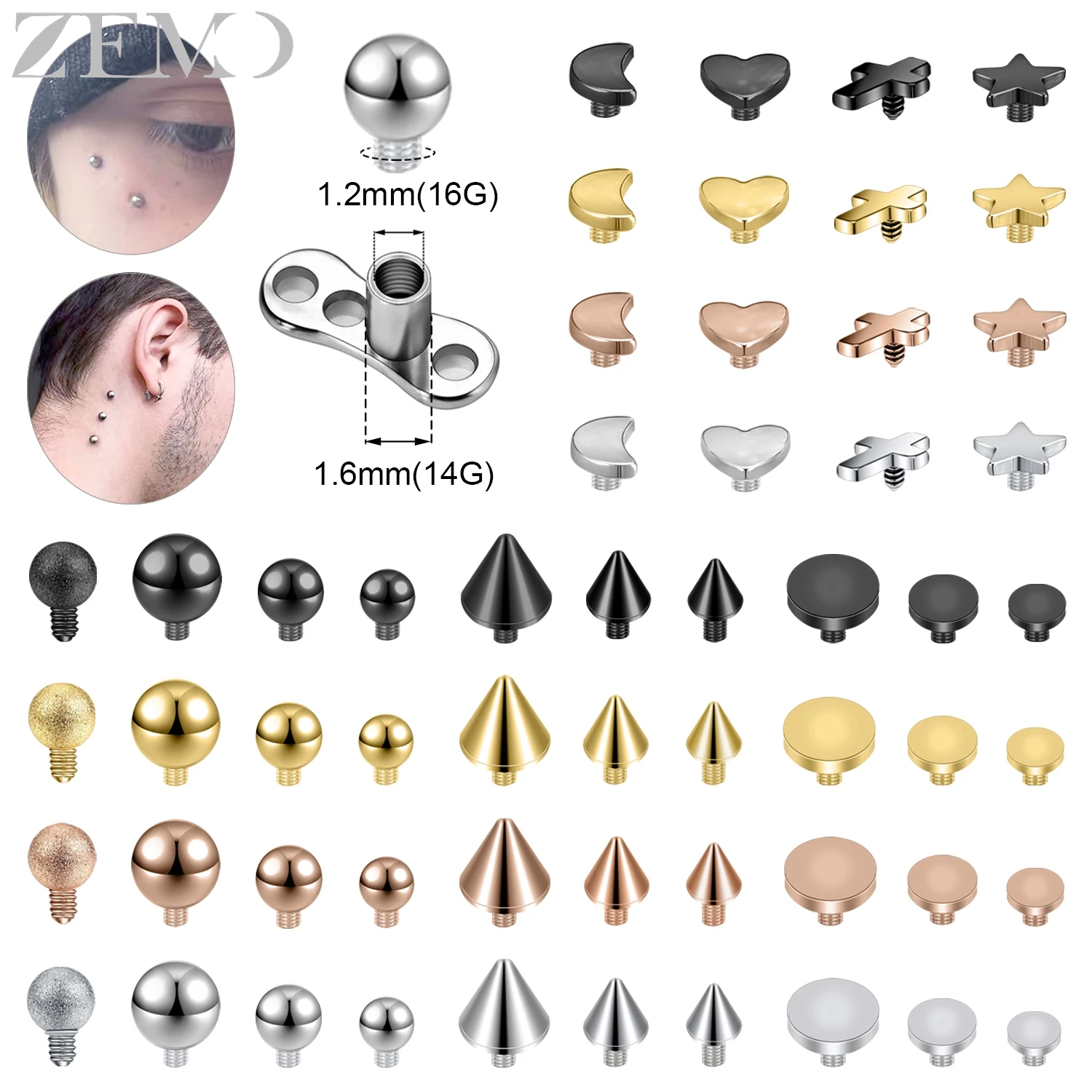 ZEMO 1 pieza 16G Punk Acero inoxidable ancla dérmica Top mujeres hombres Micro piel buzo Piercings bola corazón superficie cónica Piercing corporal