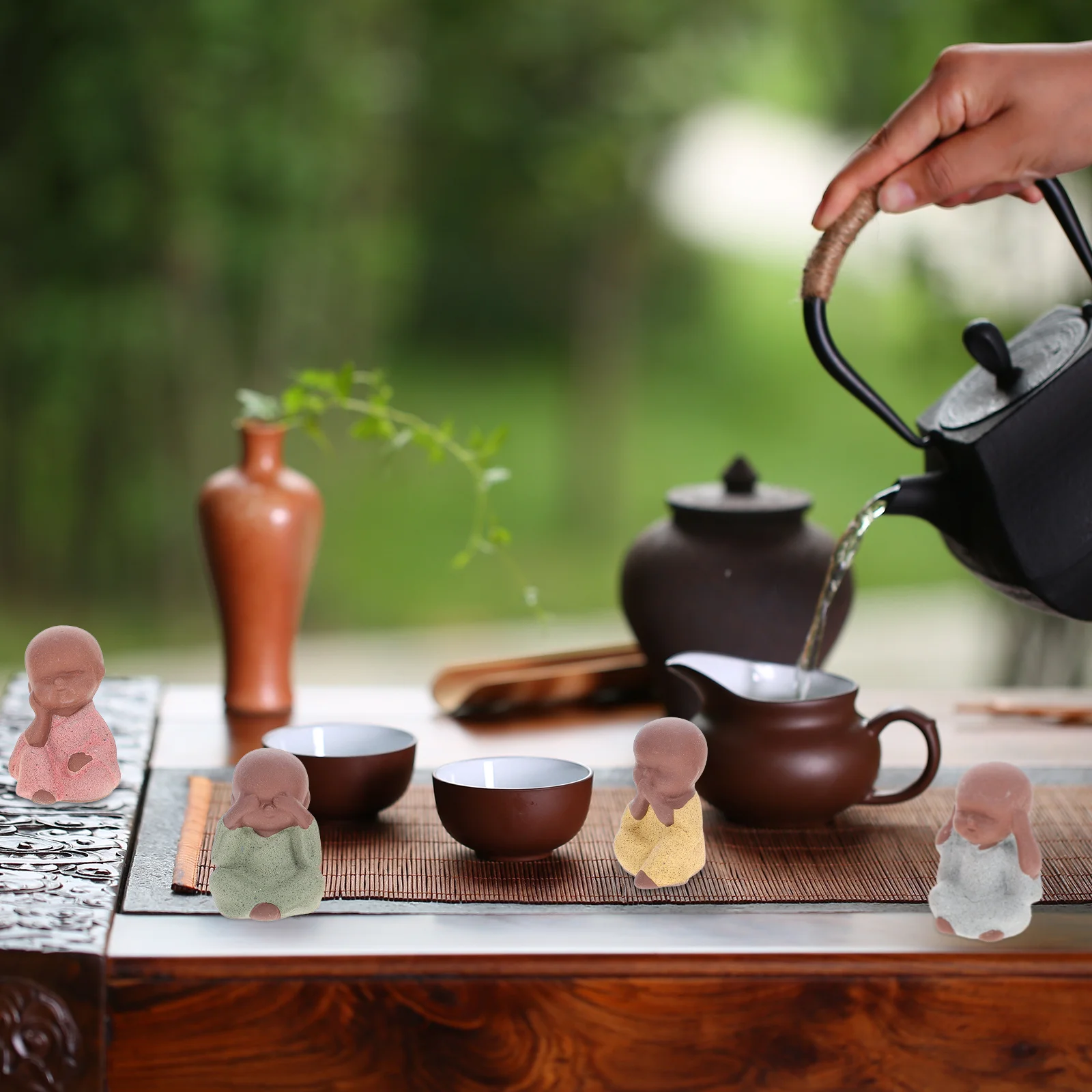 

4Pcs Tea Pet Ornaments Mini Monk Ceramic Decorations Zen Style Adornments for Home Office Garden Study Car Decor