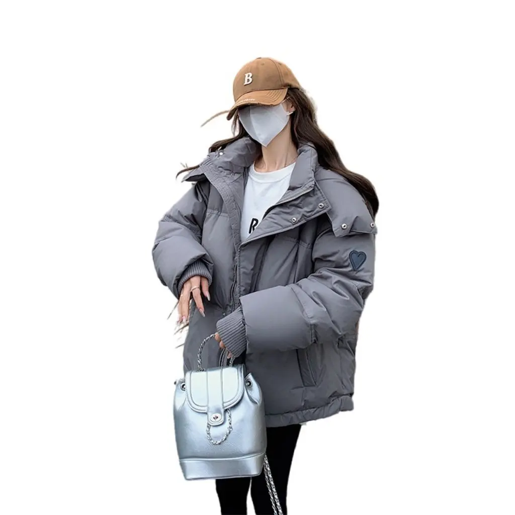Women's Cotton-Padded Jacket Winter Korean Style Gray Love Short down Coat plus Size for Students Couple Bread Clothing