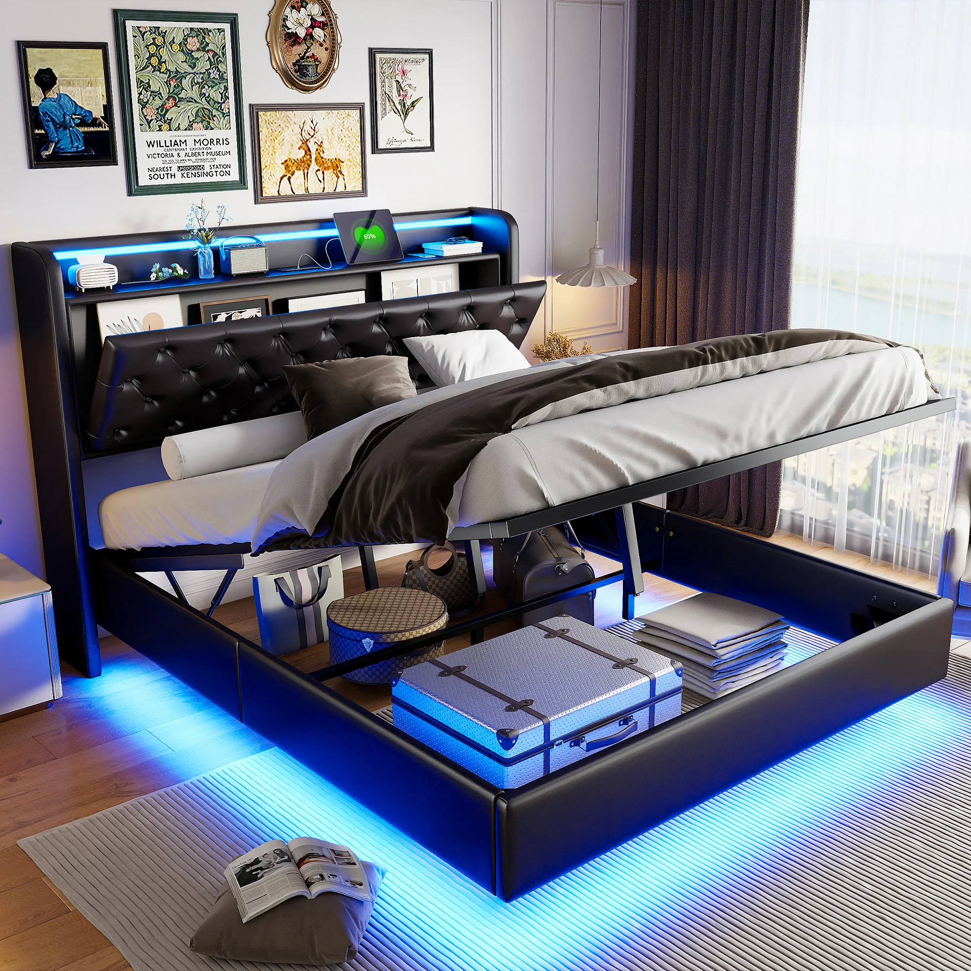 Rosahqnda Polsterbett, Doppelbett mit USB-Ladefunktion, LED-Beleuchtung, Kopfteil mit Stauraum, versteckte Bettfüße, Leder-Finish – Detail 15
