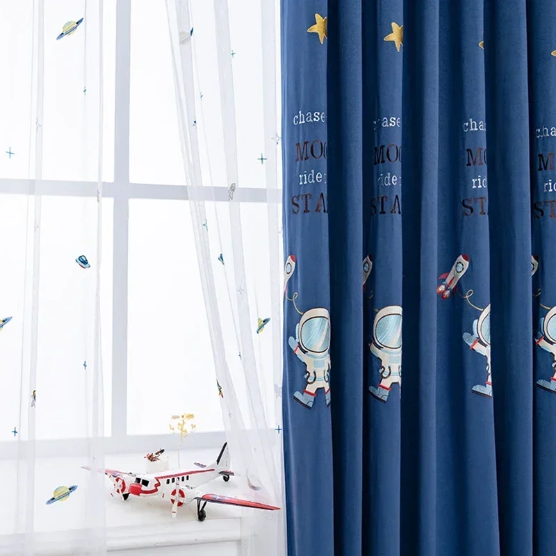 

Children's Room Astronaut Spaceship Embroidered Grey Blue Curtains For Living Room Cartoon Planet Window Blackout Tulle Custom