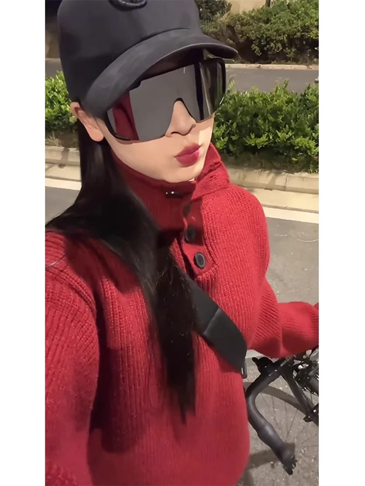 

Мужской зимний вязаный свитер-поло с высоким воротником, утепленный, свободного кроя, цвета красного вина, базовый слой, верхняя одежда