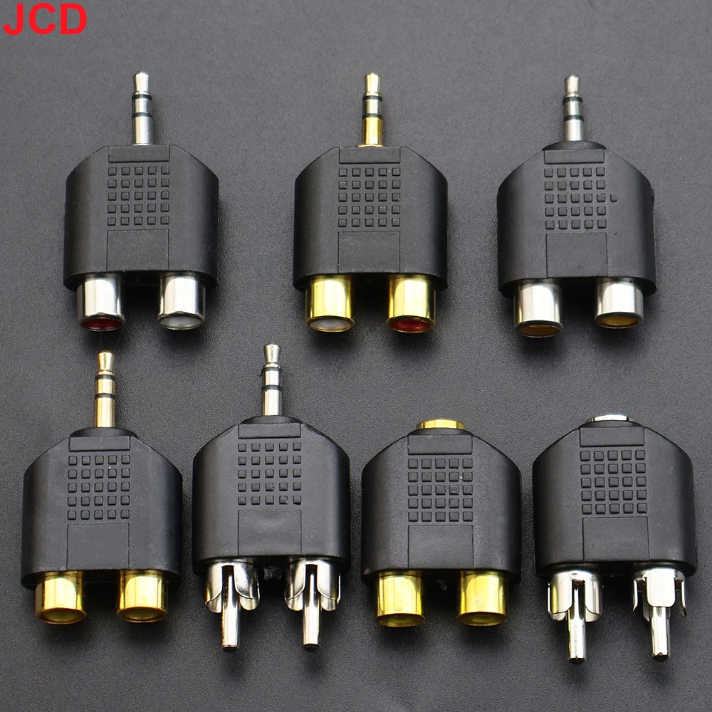 JCD 2pc 3-pole 3.5mm dual channel jack stereo male pair 2 RCA plug female adapter Y splitter RCA audio adapter connector