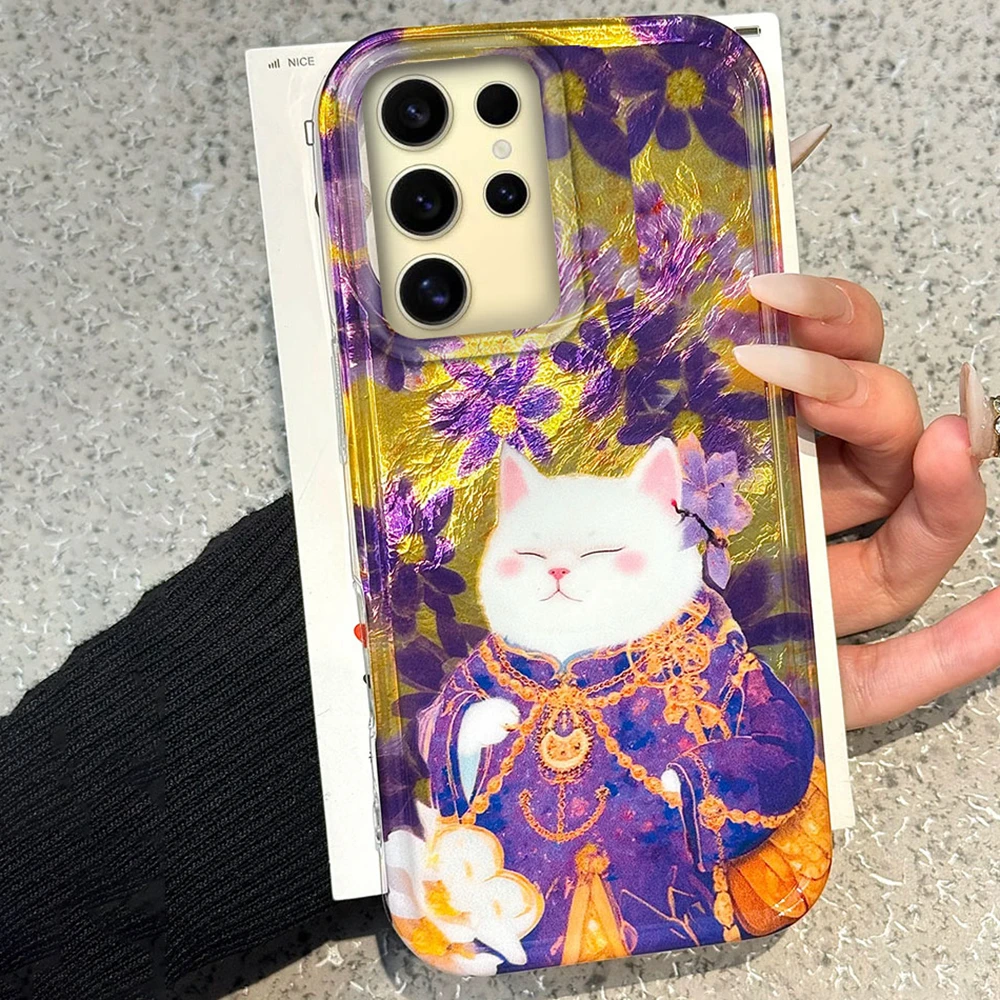 

Retro Purple Cat Flower Women Girl Vortex Texture Phone Case for Samsung Galaxy S25 Edge S24 S23 S22 S21 S20 FE Plus Ultra Cover