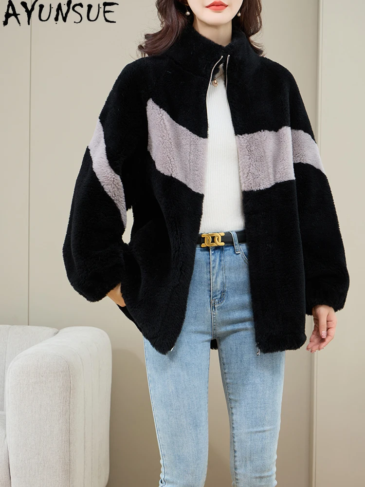 AYUNSUE 100% Naturalna Wełna Damska Kurtka Modna Stójka Granulowane Futro Jagnięce Kurtka Damska Odzież Wysokiej Jakości Abrigo Mujer