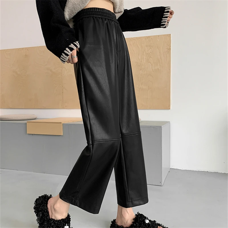 

Autumn Winter PU Leather Women's Ankle Length Pants 2024 New Korean High Waist Black Straight Loose Pants Pocket Female