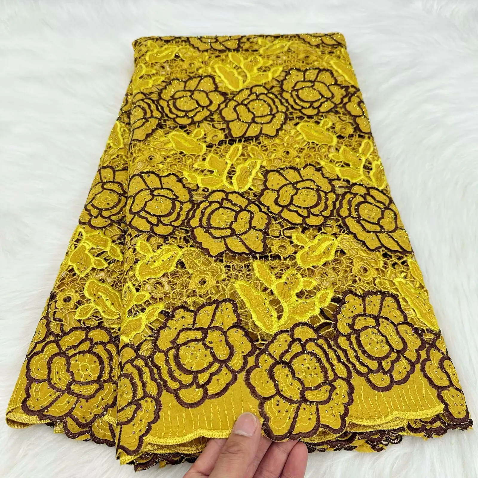 

5 yard Swiss Dry lace fabric heavy beaded Embroidery African 100% cotton Swiss voile lace popular Dubai style L18-7-2024