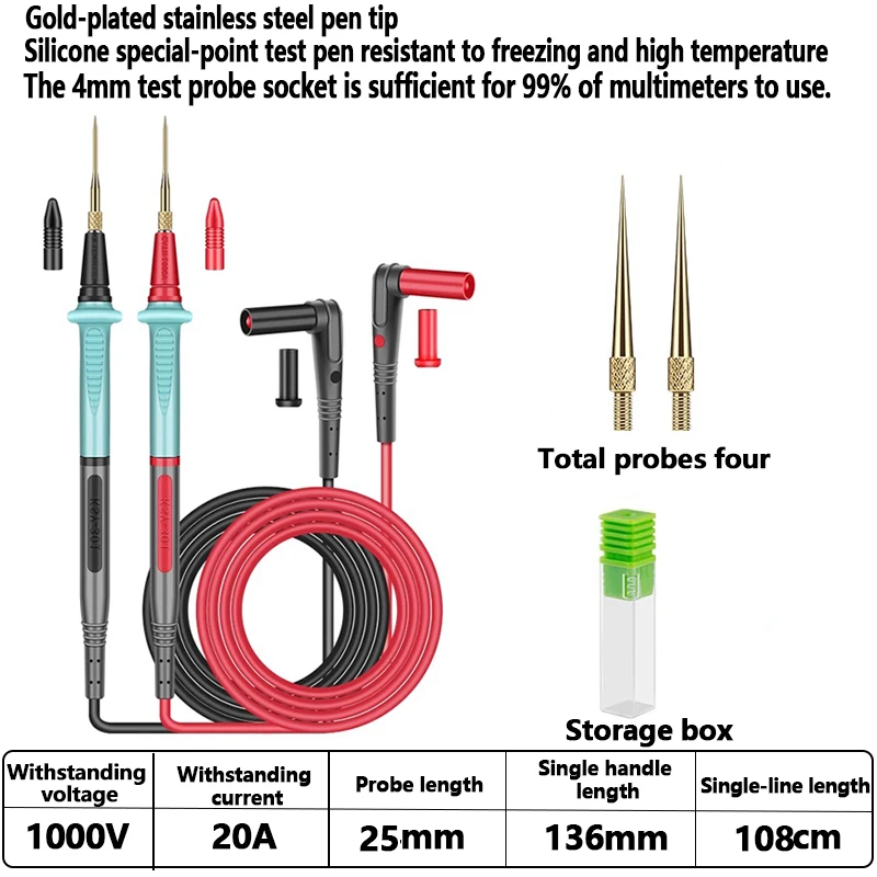 1 Paar Zachte Universele Digitale 1000V 10A Tip Naald Multimeter Test Lead Sonde Draad Pen Kabel Tester Tool