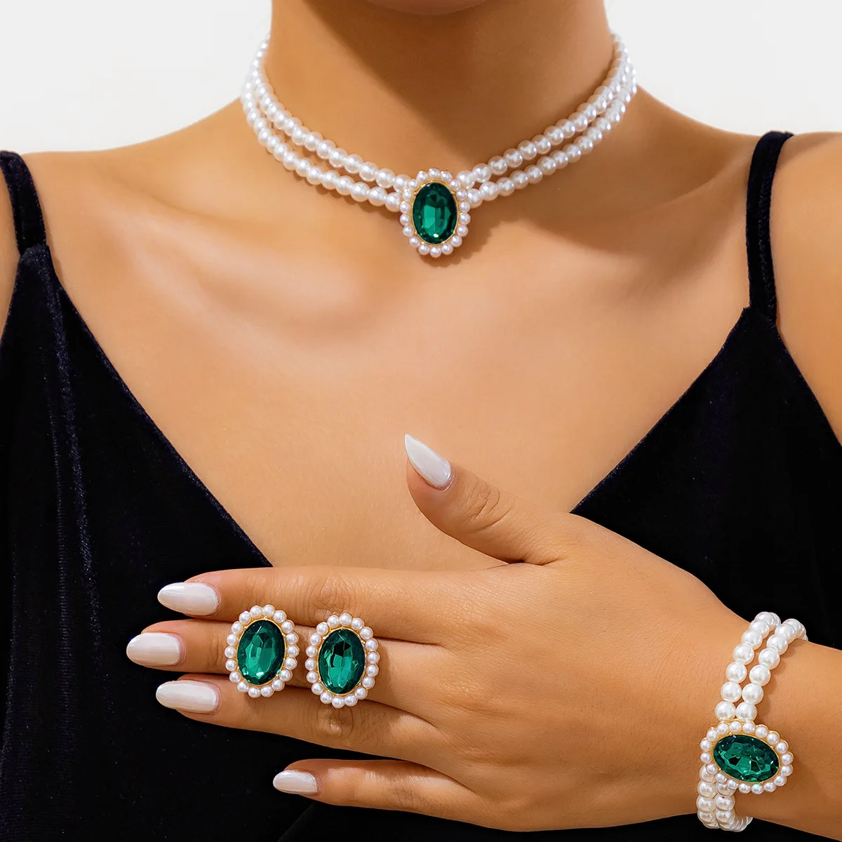 DIEZI Punk Multi layer Round Imitation Pearl Beads Necklace Earrings Bracelet Vintage Jewelry Sets Party Gift 2023 New Jewelry