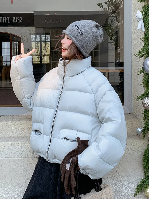 

Синий двусторонний пуховик с воротником-стойкой для женщин, повседневная теплая верхняя одежда, новинка зимы 2025 года, стильный дизайн