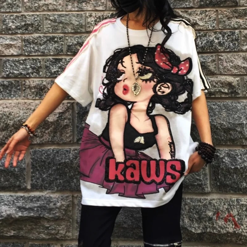 

Summer Loose T-Shirts Women Cartoon Sequins Cute Cool Ladies Print Tops Letters High Street Oversize Lady Party Tees NZ44