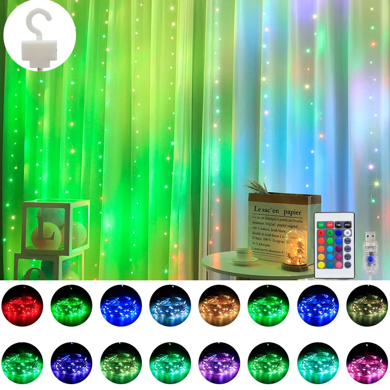 USB Power LED Remote Curtain Fairy Lights String 16 Colors RGB Garland New Year 2022 Wedding Party Christmas Home  Decoration