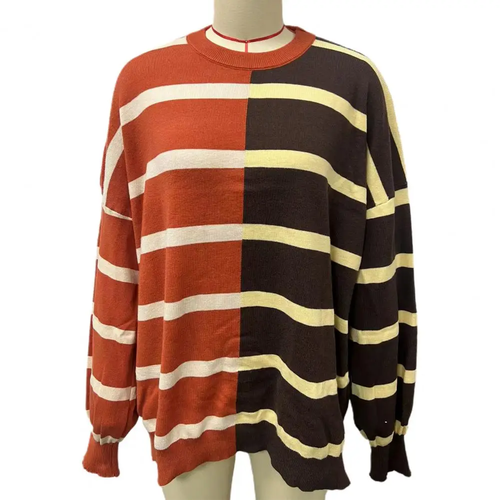 Contrasting Colors Top Colorblock Striped Oversized Sweatshirt for Women Knitted Mid Length Pullover Top Wear for Fall Spring