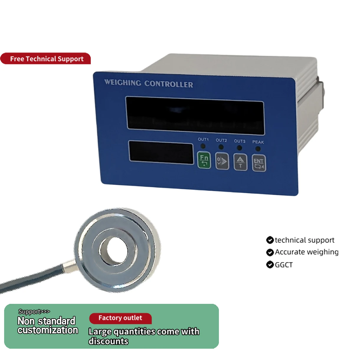 High Precision Donut Load Cell with Weighing Controller Kit, Stainless Steel Thru-Hole Pressure Sensor, RS485 Modbus RTU
