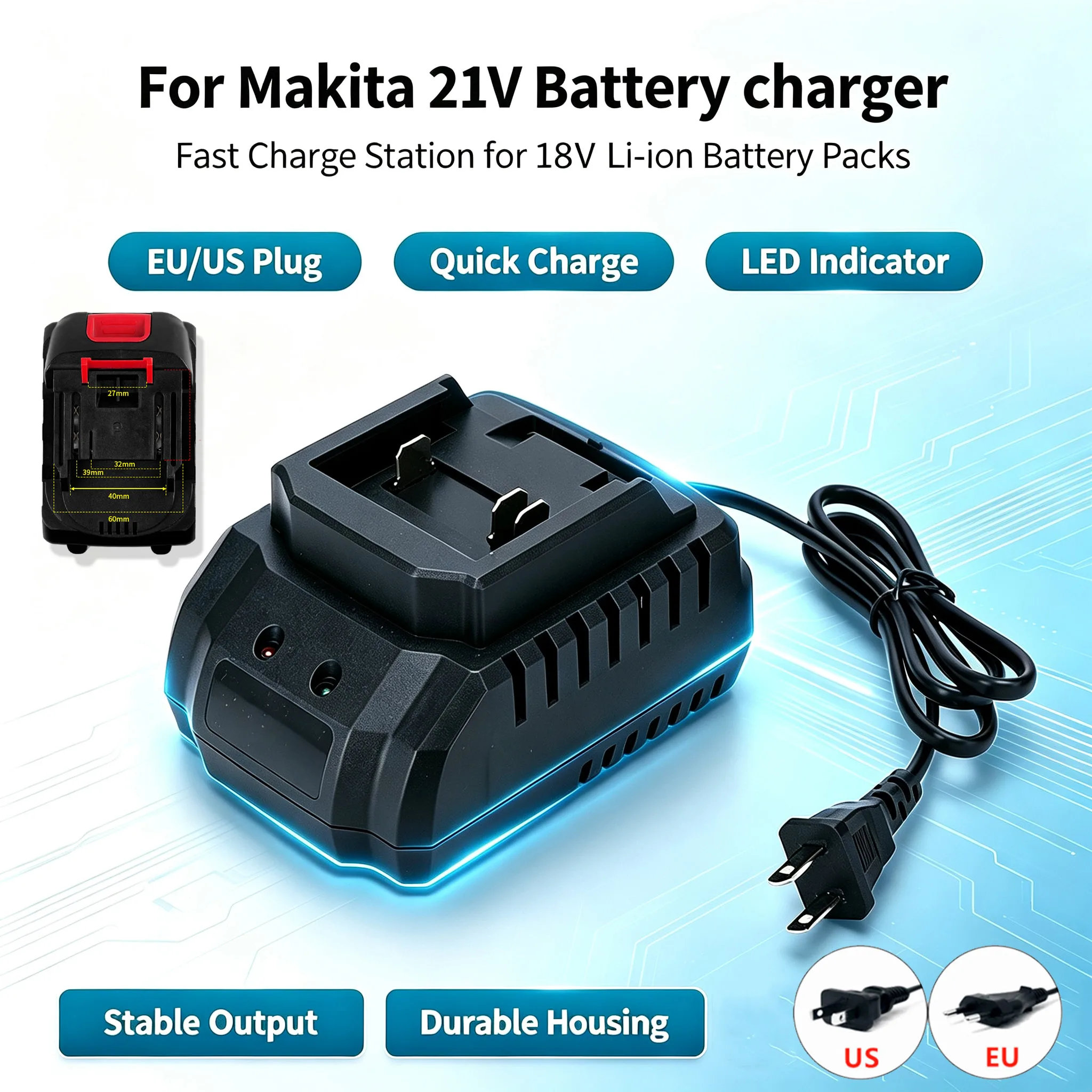Universal Battery Charger for Makita Model 18V 21V Li-ion BL1415 BL1420 BL1815 BL1830 BL1860 Drill Electric Tool Battery Charger