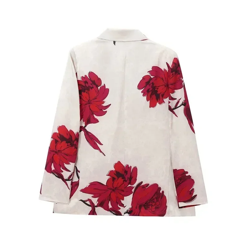 Elegant Printed Pants 2 Piece Set Women Notched Collar Fake Pocket Blazer Coat High Waist Trousers 2024 Autumn Lady Loose Outfit