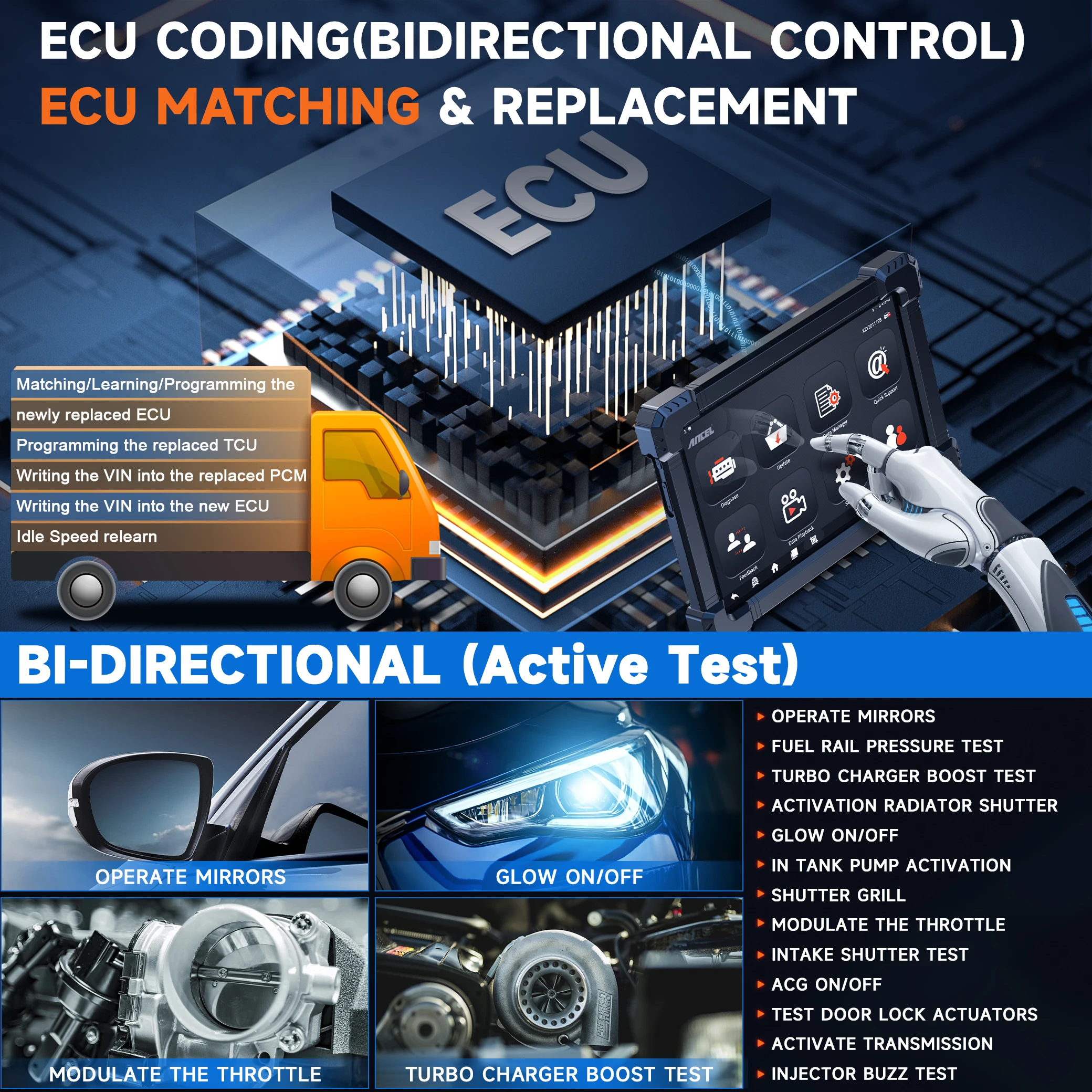 ANCEL X7 HD 10.1 ''ماسح ضوئي للشاحنة الثقيلة DPF ECU ترميز شبه شاحنات جميع أدوات تشخيص النظام أداة مسح الديزل ثنائية الاتجاه