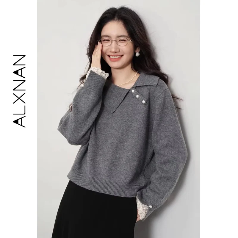 ALXNAN Grey Sweaters Lace Patchwork Slant Collar Buttons Loose-fit Short Pullovers Elastic Hem Romantic Women's Clothing L57319