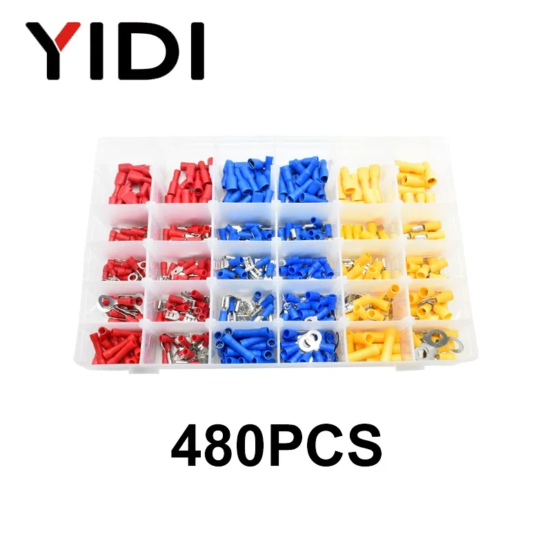 480pcs Insulated Cable Wire Connectors Cold Pressed Electrical Crimp Terminals Assortment Ring Fork Spade Lugs Kit Crimping Tool