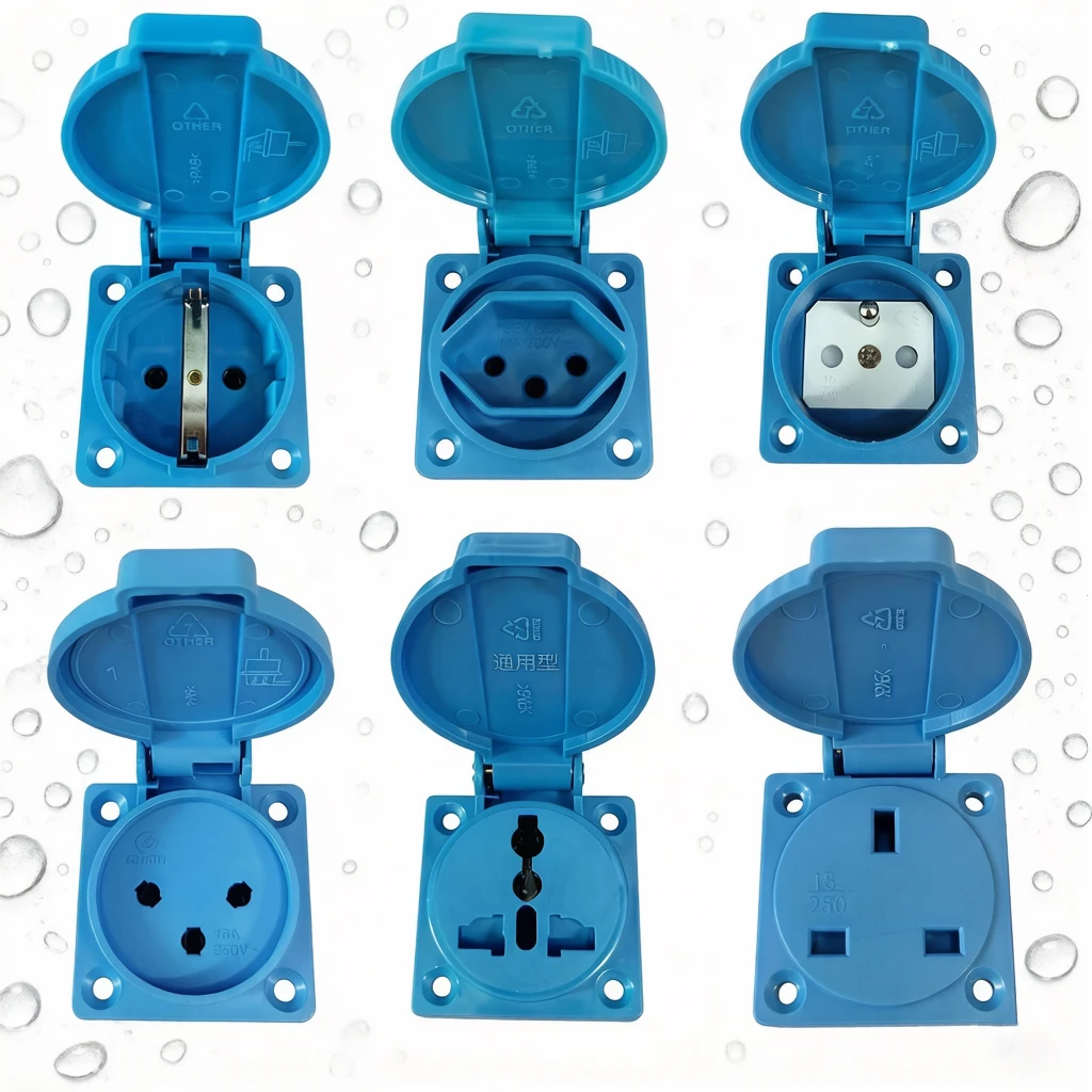 16A 250V IP44 Waterproof Panel Socket, Full Series For EU Schuko France UK USA Swiss Israel Standard With Flip Protective Cover